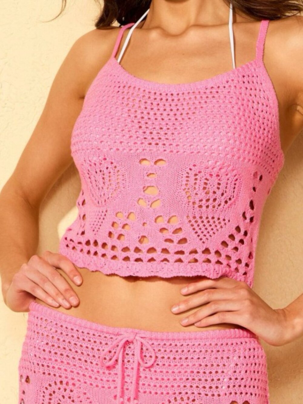 Wild Fable Swim Coverup Pink Crochet Knit Matching Set Top & Bottom Medium